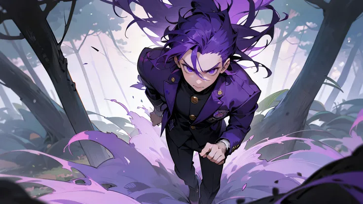 1 Boy, Long Purple Colored Messy Hair, Purple Eyes, Muscular, Gakuran Uniform, Stoic Pose, Forest Background, Walking on path