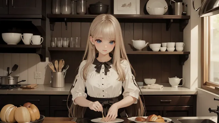 ((Best quality)), ((Masterpiece)), ((Super detailed)), (illustration), (Detailed light), (An extremely delicate and beautiful),A charming young girl,Long blond hair,Cooking in the kitchen