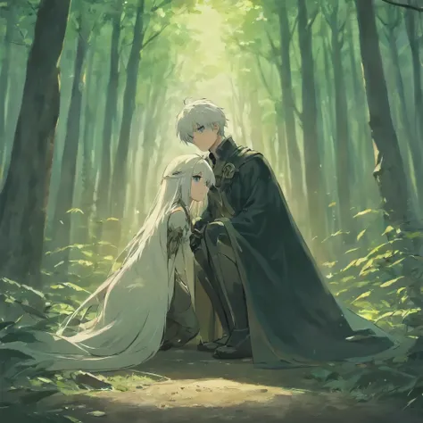 There was a black dog sitting on the ground in the forest.,with the white-haired knight , The knight looked sad.