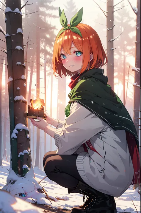 yotsubanakano, Yotsuba Nakano, bangs, short hair, blue eyes, Hair between the eyes, Hair Ribbon, hair band, Orange Hair, (Green ribbon:1.5), smile, Grin,smile,blush,White Breath,
Open your mouth,snow,Ground bonfire, Outdoor, boots, snowing, From the side, ...