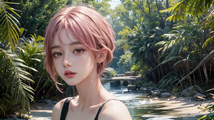 (8k, highest quality, masterpiece: 1.4), Very detailed, highest quality, Ultra-high resolution, Written boundary depth,(Realistic:1.4,RAW shooting,)Ultra-Realistic Capture,(Very detailed,High definition 16K), cute, girl, short hair, Pink Hair, camera