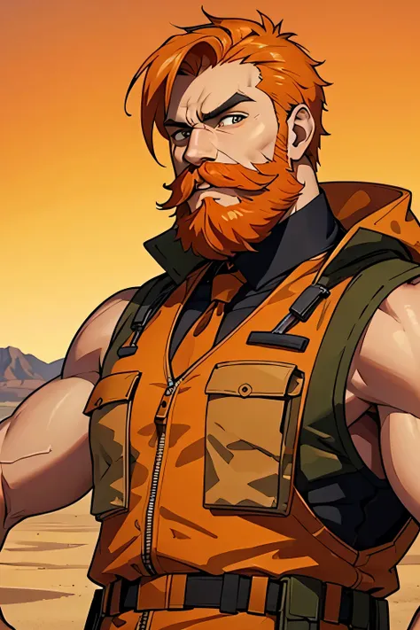 Orange Hair, Desert militar Vest, Tactical, Desert Camo jaquet, Orange beard and moustache, Muscular, 