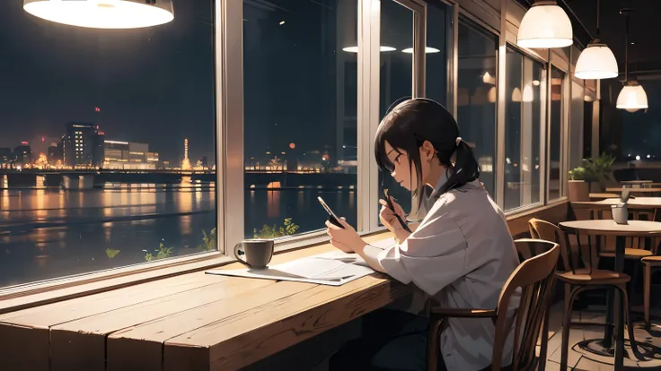 ((highest quality)), ((masterpiece)), (detailed), By the window of the café。
A view of the evening sky with a drizzling rain. From the window of the café。
Warm lighting and muted colors。
The streetlights are reflected beautifully in the windows.。
A woman i...