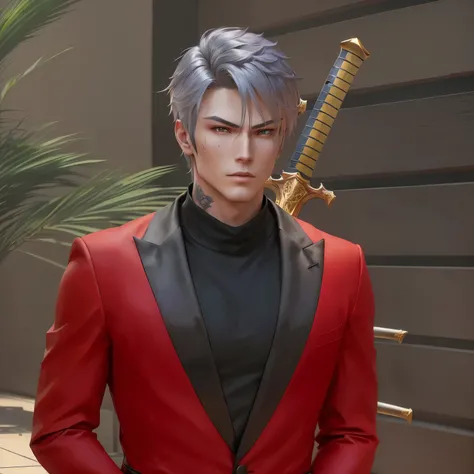 there is a man in a red suit with a sword in his hand, highly detailed character, son of sparda, high detail iconic character, anime highly detailed, jett from valorant, male character, male anime character, realistic anime 3 d style, holding katana, cinem...