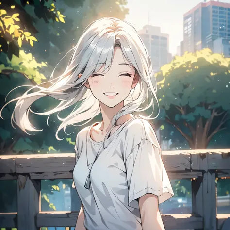 A white hair，20-year-old girl in a white shirt，Standing in the city park，Happy expression，Smile，Close your eyes（Upper body display：1.5）（cinematic lighting：1.5）)(ultra-high detail:1.5)(best quality:1.5)