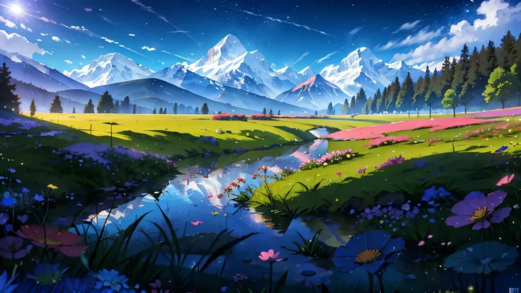 Summer, meadows, few small flowers, clear lakes, sheep, heaven, large clouds, blue sky, hot weather, HD detail, wet watermark, hyper-detail, cinematic, surrealism, soft light, deep field focus bokeh, distant view is snowy mountains, ray tracing, and surrea...