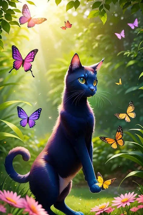 On a sun-kissed afternoon, a sleek cat with twinkling eyes diverts its attention from its usual pursuits to engage in an enchanting playdate with two vibrant butterflies. The trio freely roams the AR 16:9 canvas, their silhouettes dancing against a backdro...