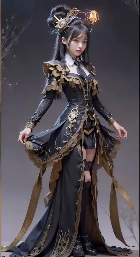 (((masterpiece, highest quality, Very detailed))), (((終わりのないmagic使いの少女, 14 years old, radiating magic))), (((Complex mechanical headgear, A fusion of the intricate mechanical nature of steampunk fashion, the over-the-top gothic fashion and the neon glow of...