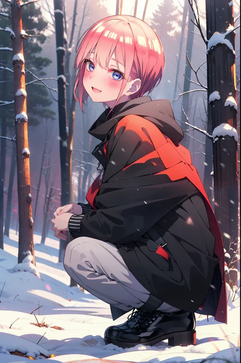 ichikanakano, ichika nakano, short hair, bangs, blue eyes, Hair between the eyes, smile,Pink Hair,smile,blush,White Breath,
Open your mouth,snow,Ground bonfire, Outdoor, boots, snowing, From the side, wood, suitcase, Cape, Blurred, Increase your meals, for...