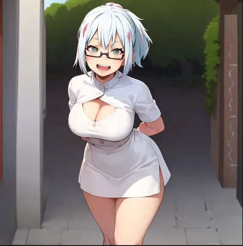 1 girl, alone, fuyumi todoroki, big breasts, medium waist, wide hips, medium thighs, blush, smile, short hair, open mouth, bangs, standing, turquoise eyes, ponytail, white hair, hair with red highlights, multicolored hair, glasses, tight white shirt, open,...