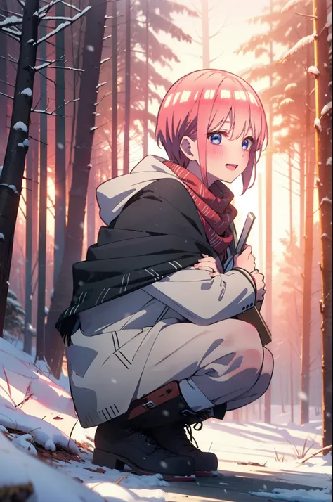 ichikanakano, ichika nakano, short hair, bangs, blue eyes, Hair between the eyes, smile,Pink Hair,smile,blush,White Breath,
Open your mouth,snow,Ground bonfire, Outdoor, boots, snowing, From the side, wood, suitcase, Cape, Blurred, Increase your meals, for...