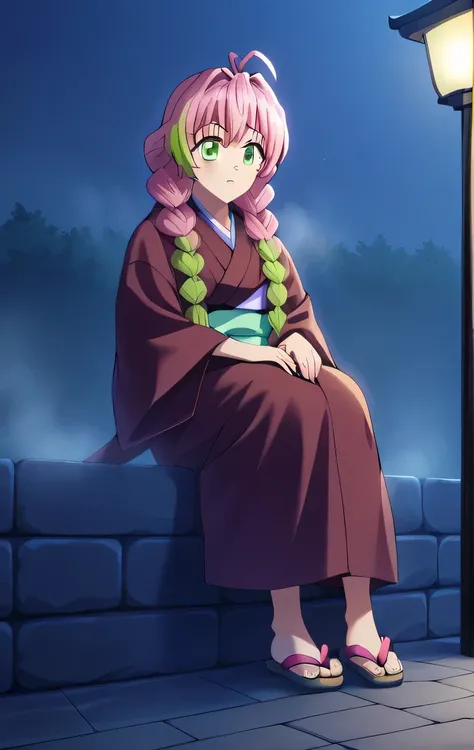 score_7_superior, Break Source_anime, K Mitsuri V4XL, One girl, alone, View your viewers, Brown kimono, White kimono, Sandals, Sitting, procedure, night, fog, Outdoor, 