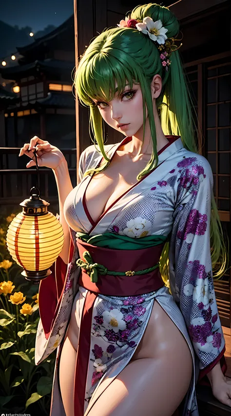 Beautiful green hair woman is shown to have a slender figure, she is wearing a kimono, sexy look, flower in hair, hair up in a fancy Japanese bun, yellow eyes, girl watching a lantern show ,sexy session, sexy pose, cowboy shot, superior quality, many detai...