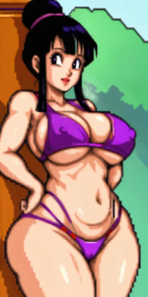 chichi_dbz, not_safe_for_work, nsfw, pixelart, pixel art, red bimbo lips, beautiful eyes, inside_sauna_dbz, purple eyes, standing, solo, large_breasts, purple_bathing_suit, black_thong, nipples, 2nipples, wet body, sweaty body, naked, masterpiece, best qua...