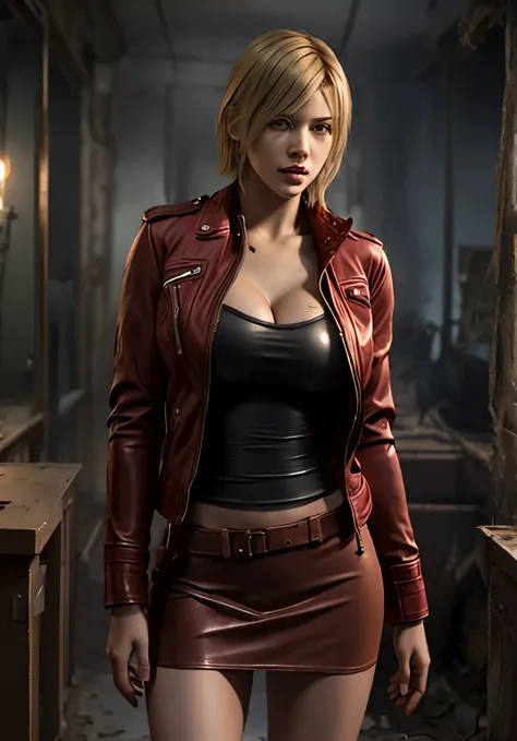 young blond chear leader with red leather jacket, resident evil, realistic post apocaliptic scenes, lots of details, zombie game...