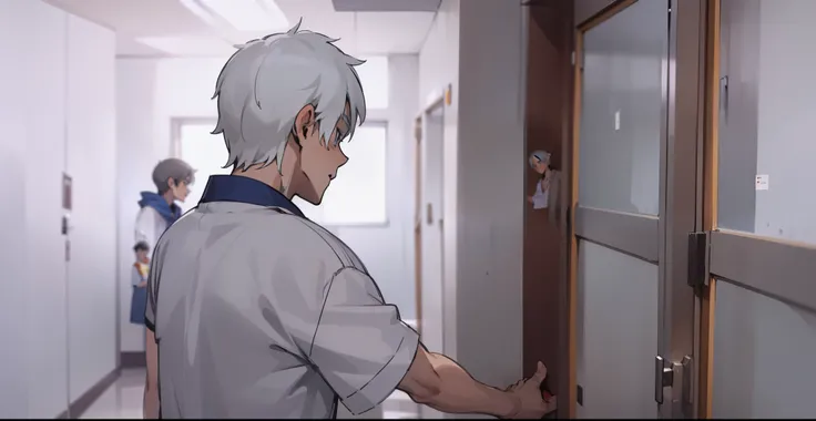 estilo comic anime 2d, 17-year-old gray-haired boy standing in a high school hallway in front of a classroom door is doubtful. 