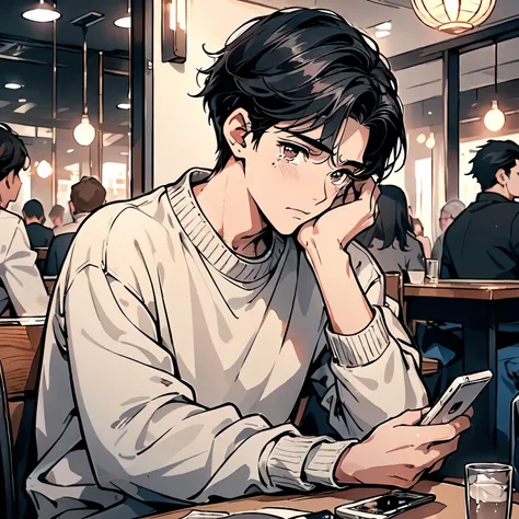 A black hair，18-year-old man in white sweater，Sitting at a table in a crowded restaurant，Holding a cell phone in his hand，Sad expression，Laugh and cry，Crying and Tears（Upper body display：1.5）（cinematic lighting：1.5）)(ultra-high detail:1.5)(best quality:1.5...