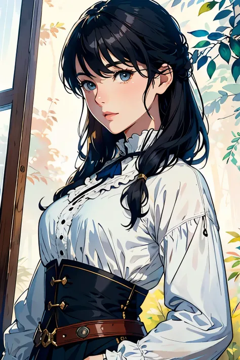 (highest quality、High resolution、masterpiece)、(Anime Art 4k)、(Realistic)、Portraiture、 1 person、20-year-old woman、(Upper Body、Front facing、natural standing posture、)、Beautiful Face、 (Exquisite beautiful eyes)、long、Black Hair、 short hair、 Beautiful Hair、Shin...