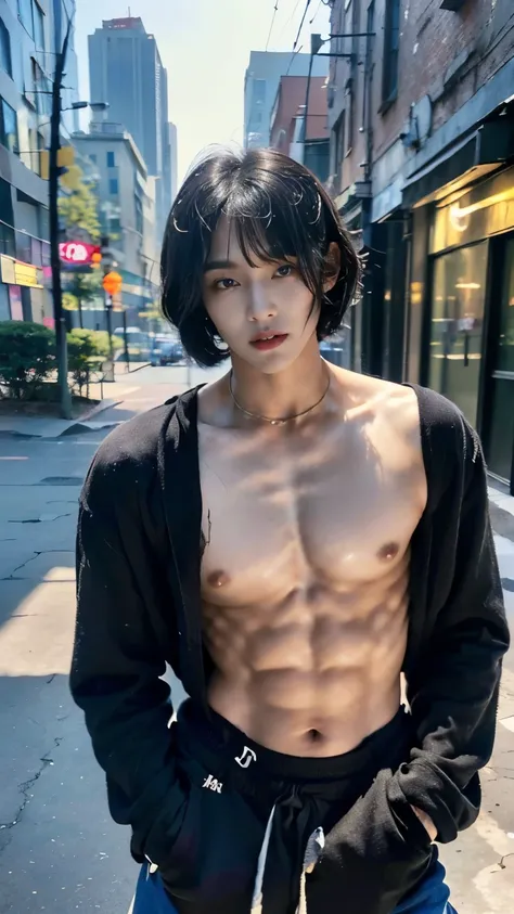 Realistic photos, 8k,Crouching,body is male,A woman with a beautiful face,17 years old,(((Bob cut ladyboy,transgender,otokonoko,Male chest,No bulge in the chest))),((Full body view,Flat Chest,Very muscular,Body fat percentage10％,Muscles like athletes,Macho...