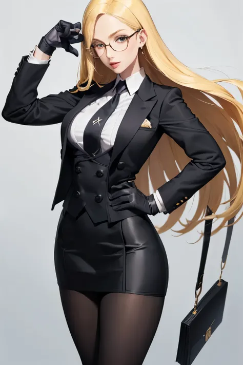 masterpiece, best quality, blonde hair, sfkolin, glasses, black shiny skirt suit, (((three-piece suit))), necktie, blazer, suit ...