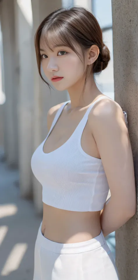 RAW photo, 4k, (photorealistic:1.6), Best quality, full body portrait, delicate face, 23 year old girl, slim figure, small bust, cleavage of the breast, white crop top T-shirt, waist black denim skirt, gymnasium scene, standing tall