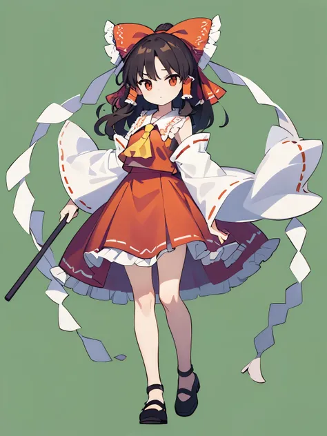 1girl,reimu,orange and red eye,chibi,full body,standing,(wear hard cap: 1.2),green background