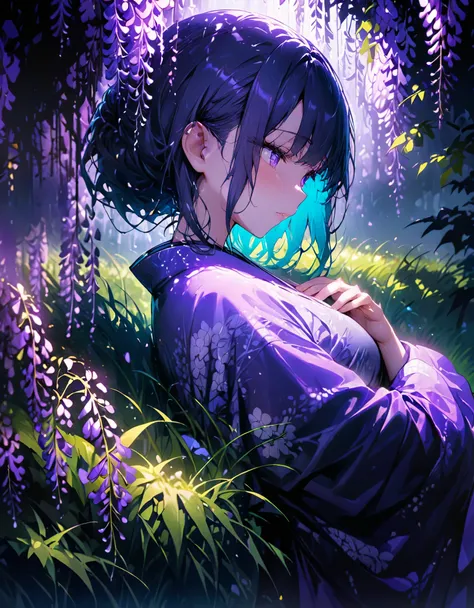 朧月、woman wearing purple kimono、looking down、wisteria flower、green grass、night、moonlight、(((masterpiece))), (best quality), (ultr...