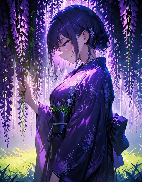 朧月、woman wearing purple kimono、looking down、wisteria flower、green grass、night、moonlight、(((masterpiece))), (best quality), (ultr...