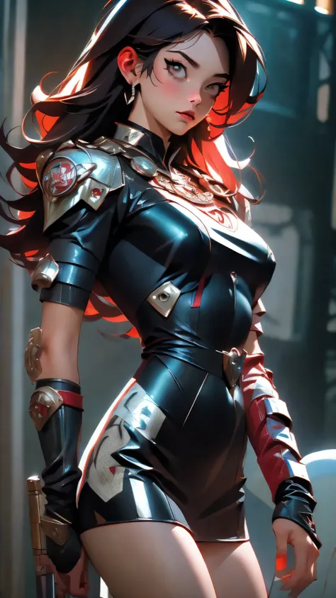 (best quality,4k,8k,highres,masterpiece:1.2),ultra-detailed, (((mulher))), (((melhor qualidade))), (((obra prima))), (((adulto))), (((1girl))), ((( corte de cabelo bob ))), Uma gladiadora cyberpunk mulher de 25 anos com corpo perfeito, shoulder pads with m...