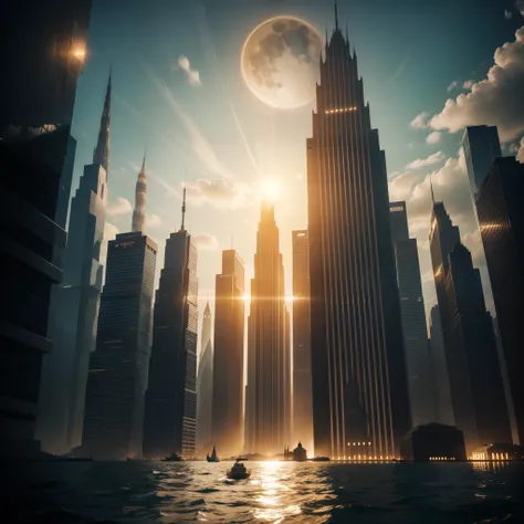 In the dark lake stands many tall golden towers,In the middle of the lake there is a very huge golden city,Next to the city is a huge golden tree,There are some pilgrims who worship from afar, There are many circles in the sky above the planet, Huge irregu...