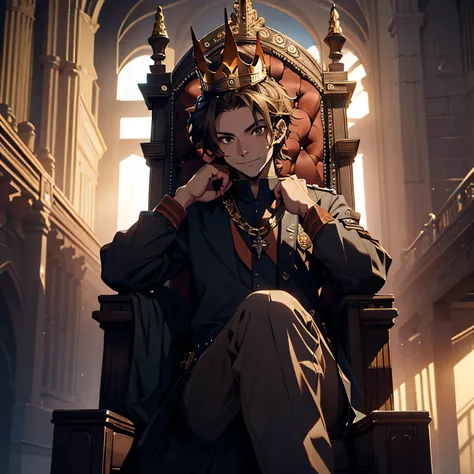 (best quality,highres),young man,short brown messy hair,brown eyes,ironic smile,hold crown,sit relaxed on throne,badass,dark atm...