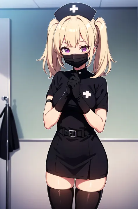 black nurse, 1girl, solo, black nurse cap, black nurse uniform, ((black legwear, zettai ryouiki)), black elbow gloves, twintails...