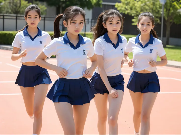 five girls running in the schoolyard,Navy blue briefs in speed style without logo,White school gymnastics shirt,18year old,Bangs,A little smile,thighs thighs thighs thighs,Knees,short cut hair,poneyTail,From below,((nsfw)), photographrealistic, cute orient...