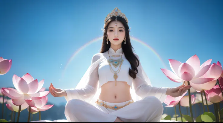 There is a beautiful goddess in the sky、Meditating cross-legged on a large lotus flower，perfect body posture，meditative，long curved eyebrows，Beautiful eyes shine brightly，big, Eyes like jewels shine brightly，Light is reflected in the transparent eyes，doubl...