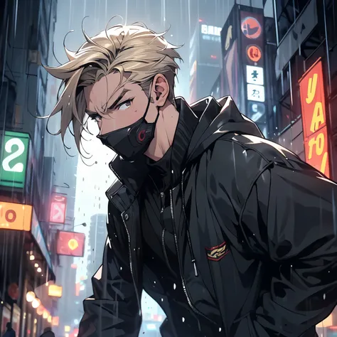 A blonde hair，A 30-year-old man wearing a black windbreaker and a mask，Running on rainy city streets，The expression is fierce（Upper body display：1.5）（cinematic lighting：1.5）)(ultra-high detail:1.5)(best quality:1.5)