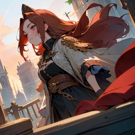 A 23 year old woman who has dark red hair and gray eyes and does not glare but has doe eyes.She is the daughter of a queen so she has leadership and elegance along with a soft heart. and her father was a pirate king so she had an energetic attitude and cur...