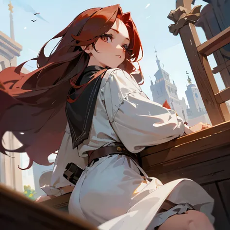 A 23 year old woman who has dark red hair and gray eyes and does not glare but has doe eyes.She is the daughter of a queen so she has leadership and elegance along with a soft heart. and her father was a pirate king so she had an energetic attitude and cur...