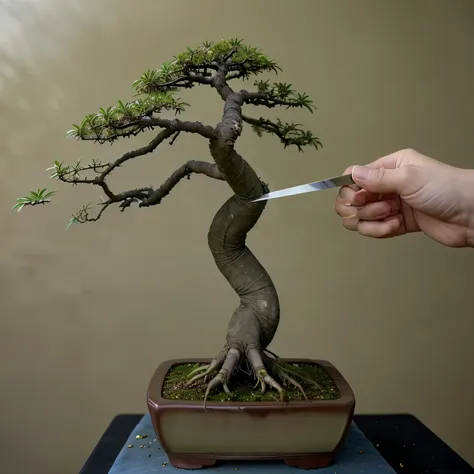 Bonsai being cut by a human hand