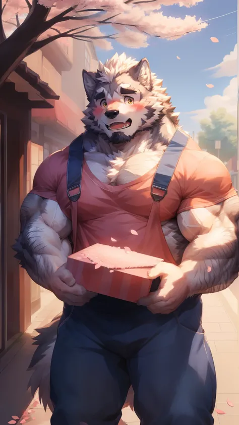 Solitary, anthropology, hairy, hairy male, Wolf, ((Fluffy fur, Fluffy, hairy body)), (Wolf印), (short beard), youth, Gray body, White belly, muscular, White, Big muscles, Golden pupils, Tail, deTailed teeth, deTailed face, Fundos,((Open it) Dark red shirt),...