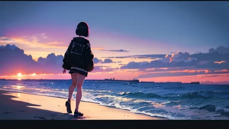 Woman walking along the sea in the evening、Punk clothing、Shorts、looking away:1.4,shoot from side,Short Bob、Headphones、guitar、Warm lighting、Japanese anime style