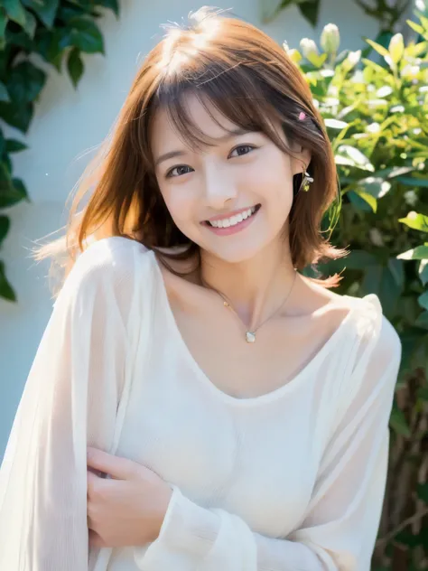 (Highly realistic photos, High resolution, Detailed face, Beautiful Eyes), ((Photographed in front of a white wall))、Japanese women, 40 years old, Put your hand on your cheek, laughing, alone:1, Slim figure, Only one person in the photo、Long sleeve dress、P...