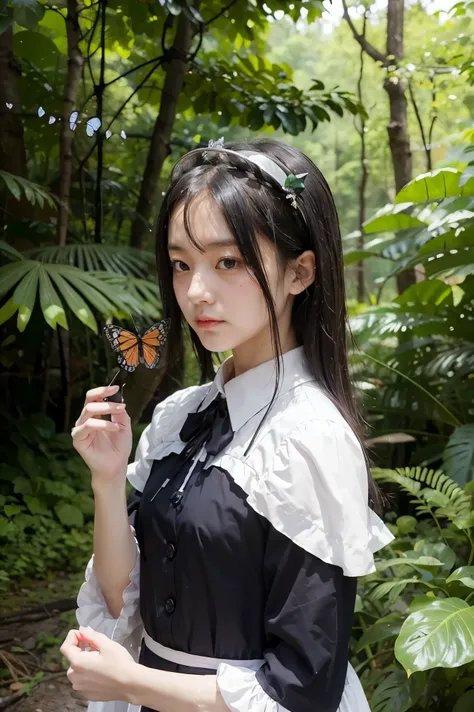 a girl with a butterfly in her hand and a butterfly in her hand, by Jin Homura, inspired by Munakata Shikō, inspired by Jin Homura, delicate androgynous prince, romanticism lain, hijikata toushirou, black - haired mage, a maid in a magical forest, anime mo...