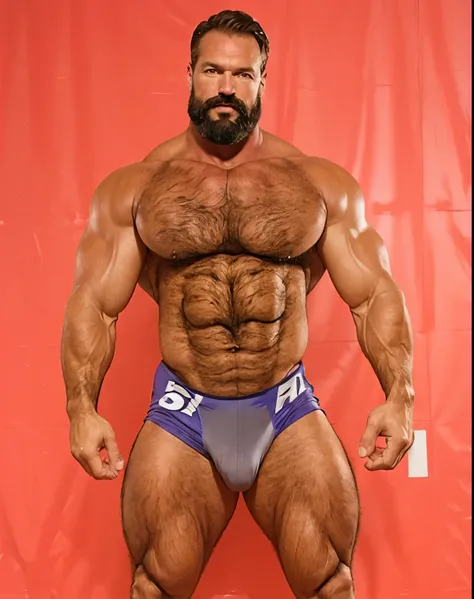 (handsome mature man), (50 yo), white man, wearing a wrestling singlet, shiny spandex, bulge, (beefy:1.3), beard, looking at viewer, beautiful man, detailed eyes, symmetric face, smirk, robust, greying hair, in a locker room, crotch in focus, nice bulge, n...