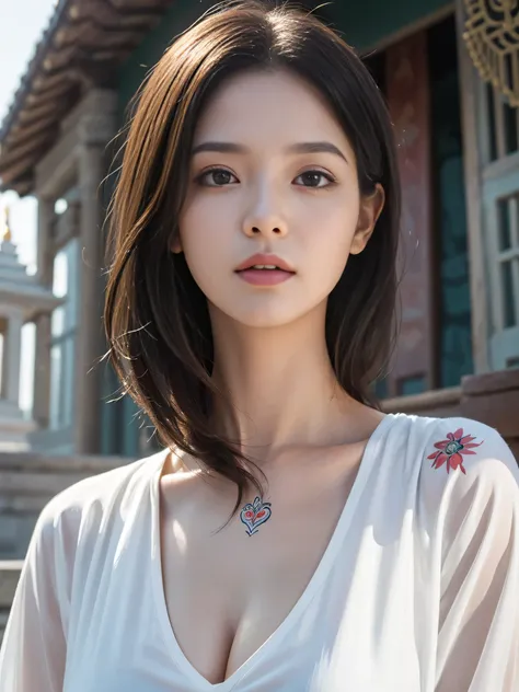 (sfw:2.0),high resolution、Real、8k、23 years old、1 female、Beautiful symmetrical body、Noble outerwear、(A large, vibrant flower tattoo on his chest)、Long Hair、(Enthusiastic:1.1), (young woman:1.1),Big Eyes、Droopy eyes、 sharp, (Upper body portrait:1.5)、(perfect...