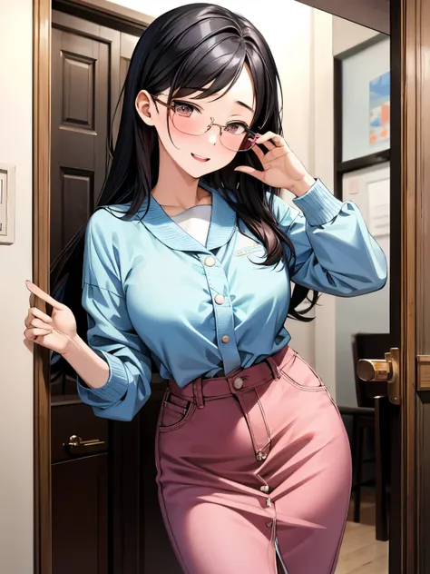 Korean elite girl, (16 years old), in the apartment, front door, glasses, busty, view from below, blushing expression, (masterpiece, best quality, extremely detailed, hyper realistic) 