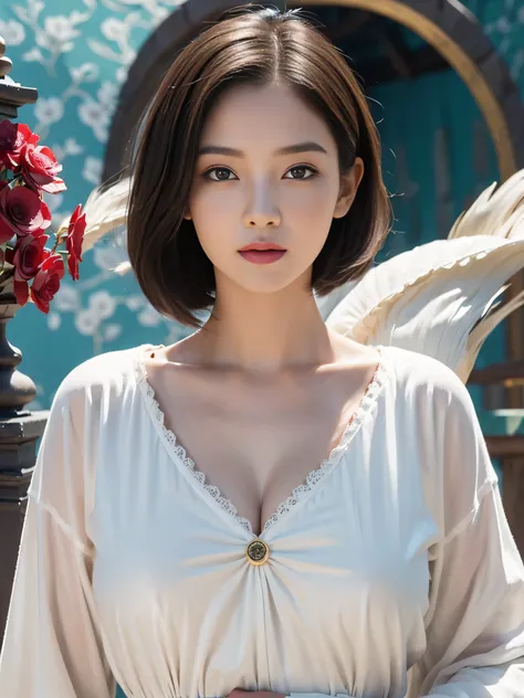 (sfw:2.0),high resolution、Real、8k、23 years old、1 female、Beautiful symmetrical body、Noble golden robe、(A girl with a large vibrant flower tattoo on her chest)、Short Bob Hair、(Enthusiastic:1.1), (young woman:1.1),Big Eyes、Droopy eyes、 sharp, (Upper body port...