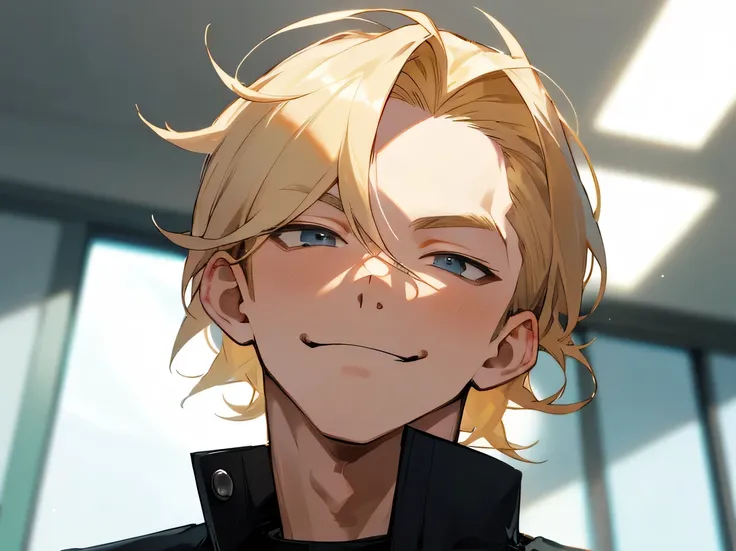 masterpiece,Upper Body,Face close-up,One male,20th Generation,Sharp focus,smirk,Blonde,top hair,Horny,gakuran,Angle from below,Background classroom