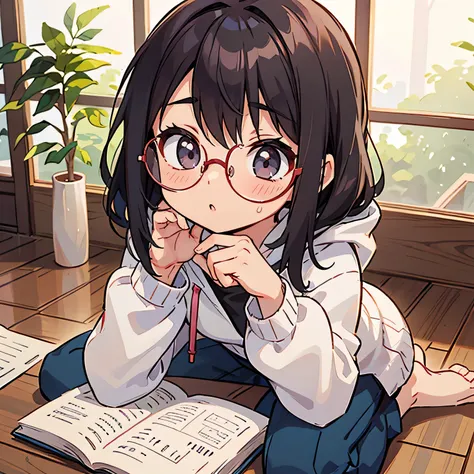 There is a woman sitting cross-legged on the floor.., Wearing glasses, Wearing glasses on, Japanese Model, Wearing glassesいた, a Surreal , Wearing square glasses, Without glasses, A real young gravure idol, Geeky look, Wearing glassesいる, Young Sensual Gravu...