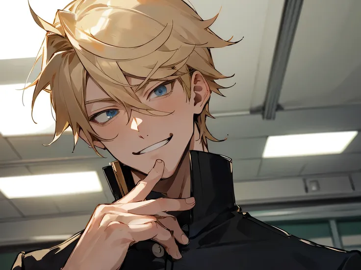 masterpiece,Face close-up,One male,20th Generation,Sharp focus,smirk,Blonde,top hair,Horny,gakuran,Angle from below,Background classroom