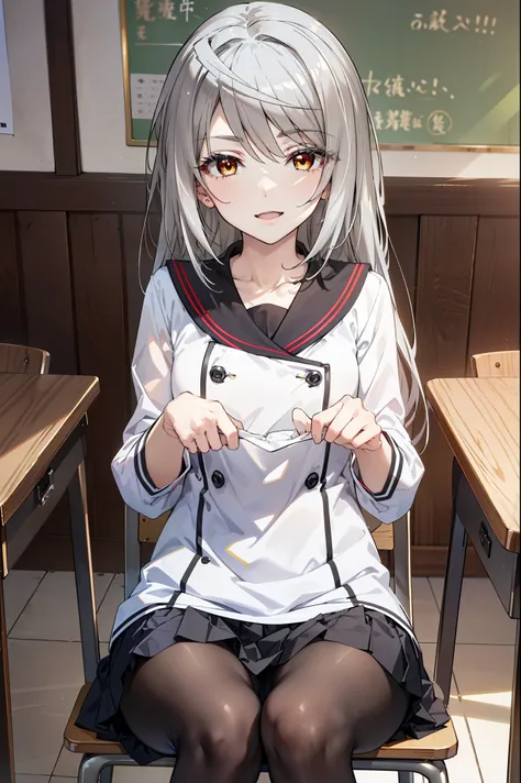 Laura Bodewig, Laura Bodewig, long hair, odd eye(left eye　red eyes:1.3, right eye　yellow eyes:1.3),gray hair, happy smile, smile, open your mouth,japanese high school girl uniform(black sailor suit),black pleated skirt,Gray pantyhose,brown loafers,sitting ...